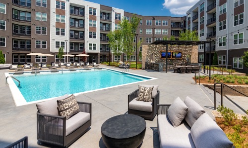 courtyard lounge pool outdoor kitchen building exterior blue sky courtyard lounge pool outdoor kitchen building exterior blue sky